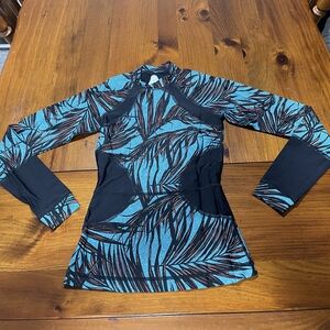 Lululemon Womens Blue Black Pink Fern Palm Leaf Print Long Sleeve Swim Rashguard